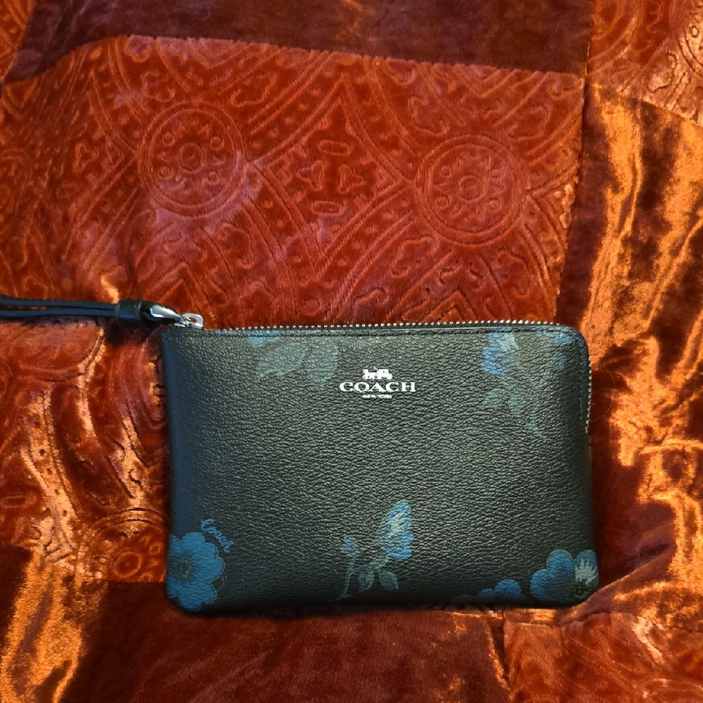 Coach Black and Teal Floral Wristlet